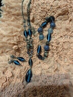 Elegant Blue Bead Necklace and Bracelet Set - Women's Jewelry